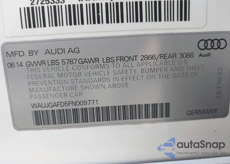 2015 Audi A8 3.0T из США, поврежденный, VIN WAUJGAFD5FN009771